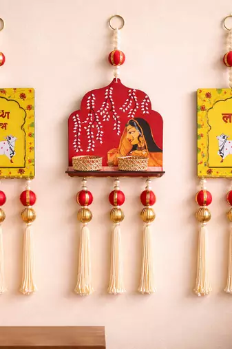 Decorative Jharokha with Cow Shubh Labh Hanging Perfect for Home Decor Hanging (Set of 1)