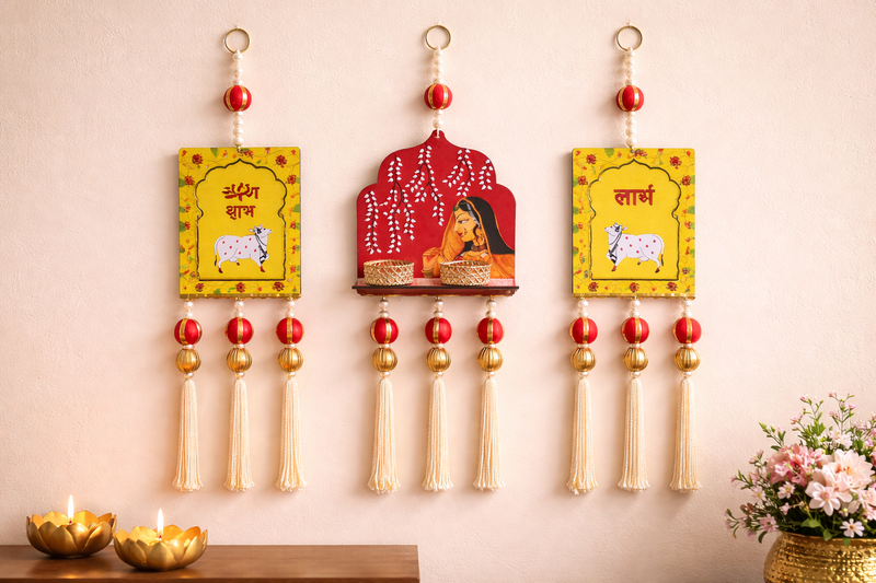 Decorative Jharokha with Cow Shubh Labh Hanging Perfect for Home Decor Hanging (Set of 1)