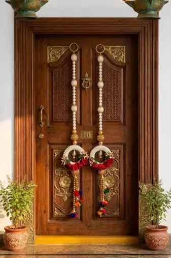 Handmade Pearl Ring Rose Door Hanging Decorative Wall Hanging Multicolor Pom Pom for Home Decoration (Pack of 2)