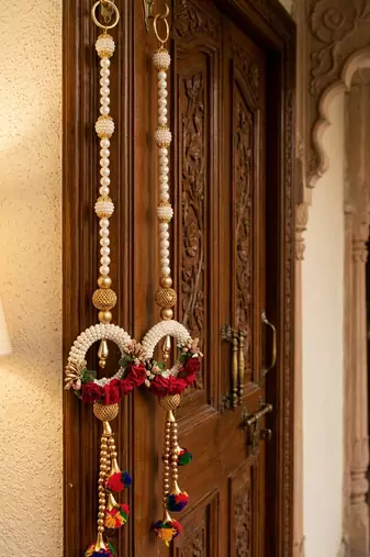 Handmade Pearl Ring Rose Door Hanging Decorative Wall Hanging Multicolor Pom Pom for Home Decoration (Pack of 2)