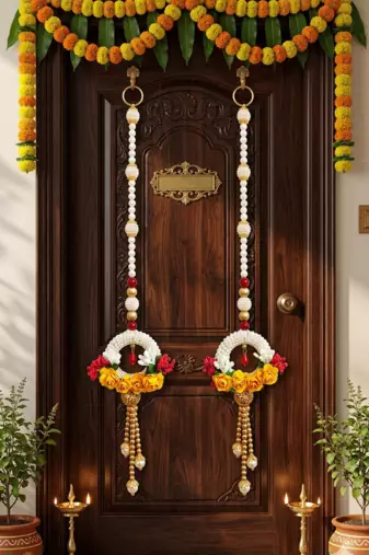 Handmade Pearl Ring Rose Door Hanging Decorative Wall Hanging Multicolor Pom Pom Tassels for Home Decoration (Pack of 2)