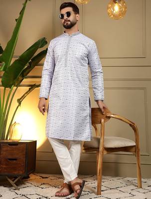 Sky blue heavy jecquard print party wear kurta and payjama 1