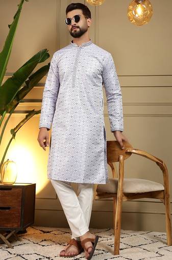 Sky blue heavy jecquard print party wear kurta and payjama