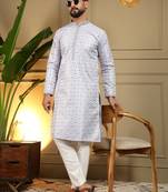 Sky blue heavy jecquard print party wear kurta and payjama