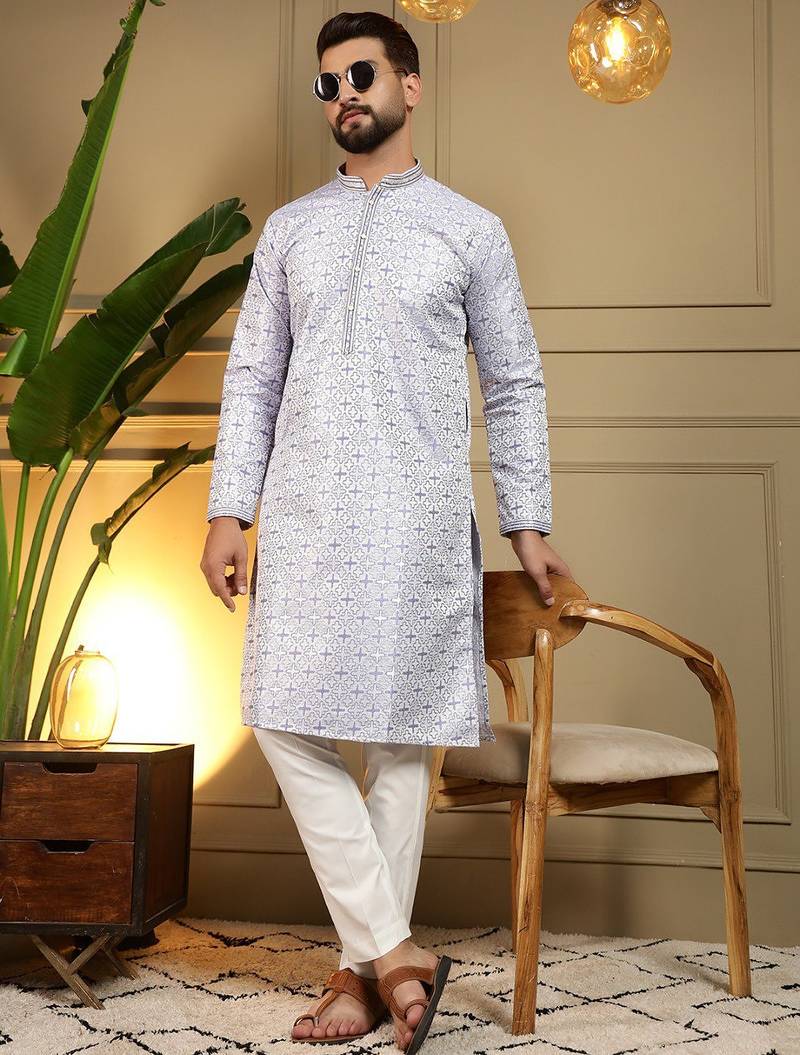 Sky blue heavy jecquard print party wear kurta and payjama