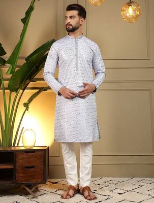 Sky blue heavy jecquard print party wear kurta and payjama 2