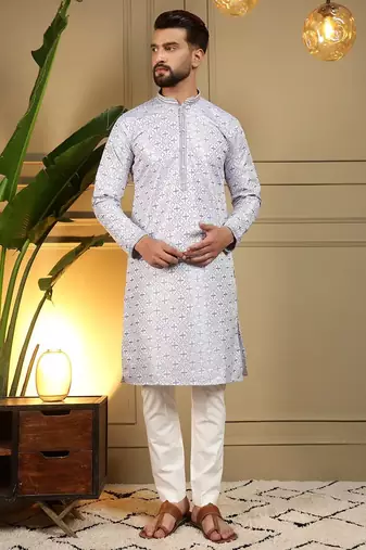 Sky blue heavy jecquard print party wear kurta and payjama