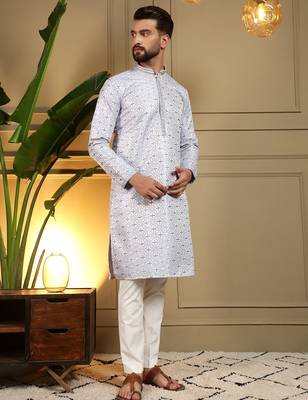 Sky blue heavy jecquard print party wear kurta and payjama 3