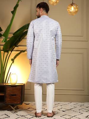 Sky blue heavy jecquard print party wear kurta and payjama 4