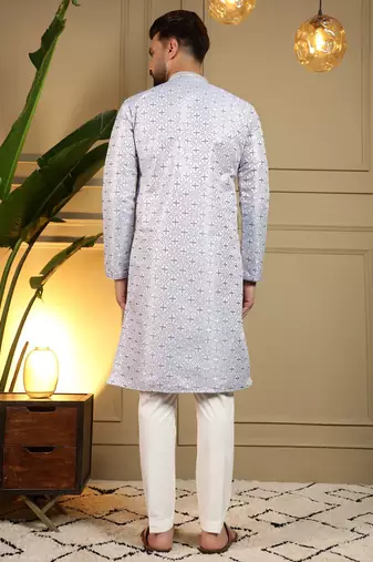Sky blue heavy jecquard print party wear kurta and payjama