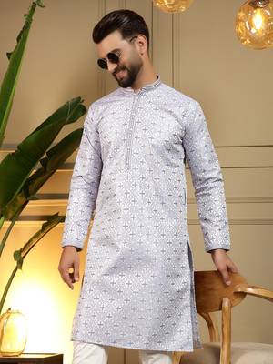 Sky blue heavy jecquard print party wear kurta and payjama 5