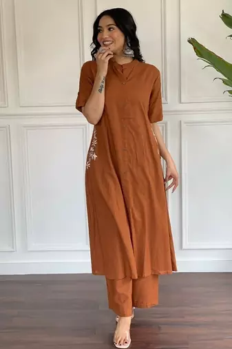  rust-brown solid a-line pure cotton kurta set with trousers