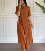  rust-brown solid a-line pure cotton kurta set with trousers