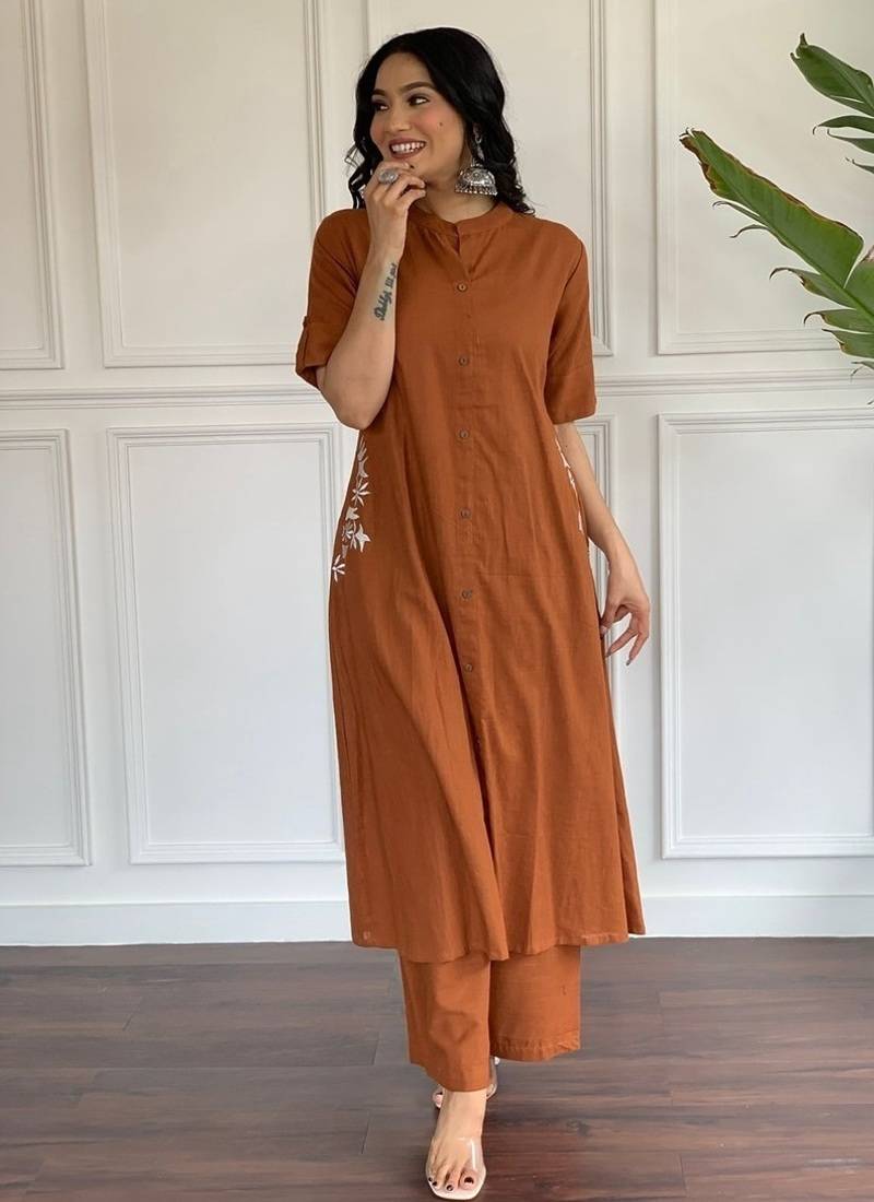 rust-brown solid a-line pure cotton kurta set with trousers