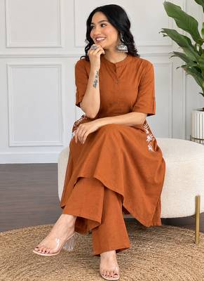  rust-brown solid a-line pure cotton kurta set with trousers 2