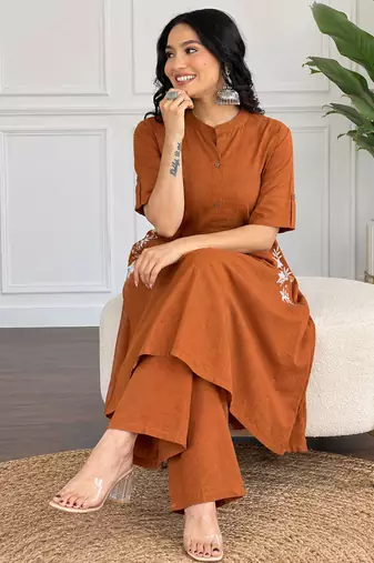  rust-brown solid a-line pure cotton kurta set with trousers