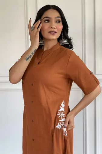  rust-brown solid a-line pure cotton kurta set with trousers