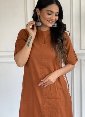  rust-brown solid a-line pure cotton kurta set with trousers 4