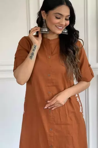  rust-brown solid a-line pure cotton kurta set with trousers