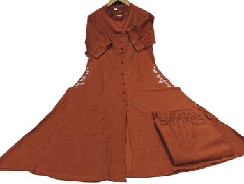  rust-brown solid a-line pure cotton kurta set with trousers 5
