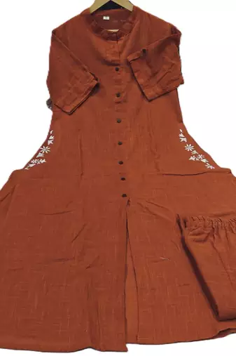  rust-brown solid a-line pure cotton kurta set with trousers