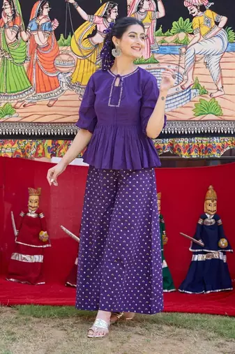  chic deep purple peplum top and easy-breezy flared palazzo combo