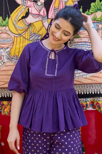  chic deep purple peplum top and easy-breezy flared palazzo combo
