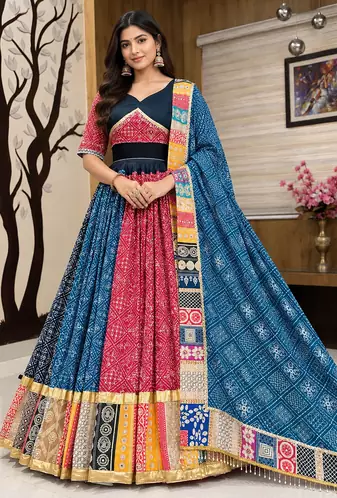 Muslin Cotton Digital Print Lehenga With Dupatta Mirror Work Navratri Special Chaniya Choli