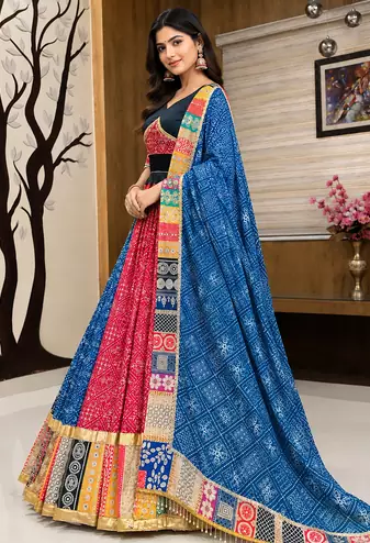 Muslin Cotton Digital Print Lehenga With Dupatta Mirror Work Navratri Special Chaniya Choli