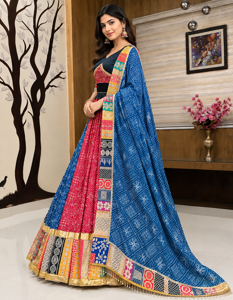 Muslin Cotton Digital Print Lehenga With Dupatta Mirror Work Navratri Special Chaniya Choli