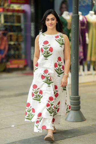  floral block-print sleeveless a-line kurta set