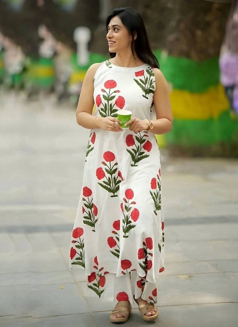  floral block-print sleeveless a-line kurta set