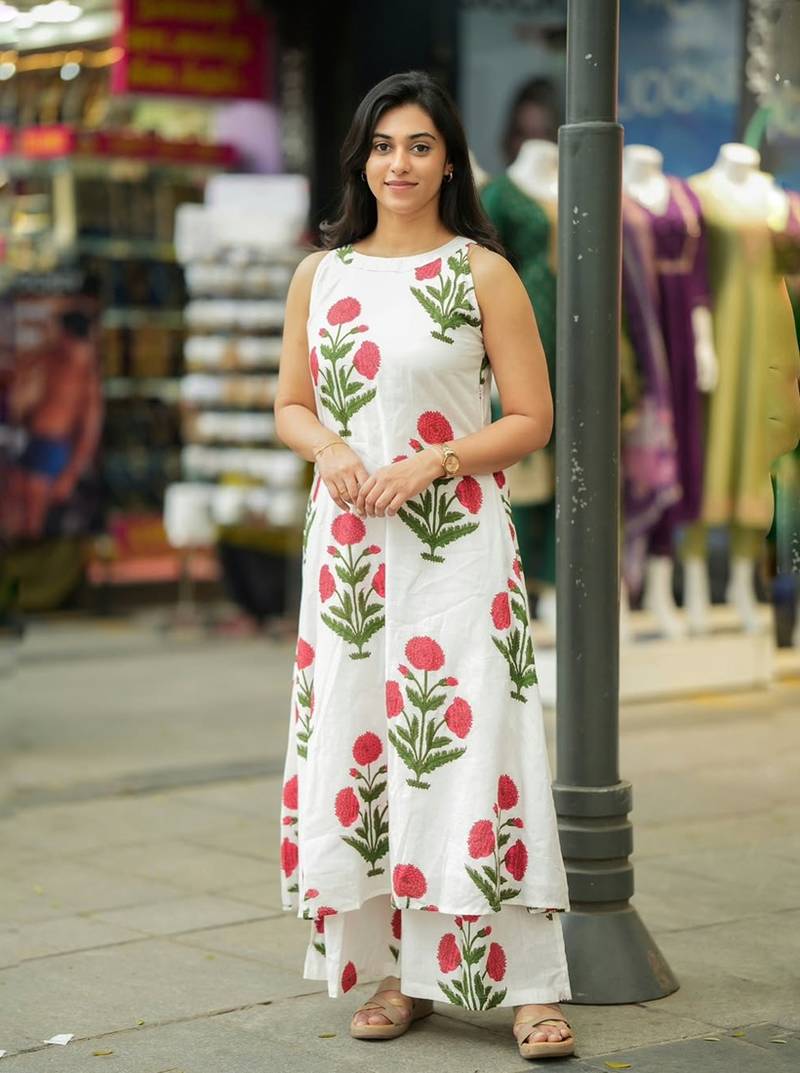  floral block-print sleeveless a-line kurta set