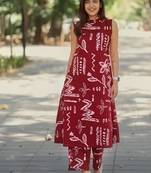  maroon abstract printed sleeveless cotton kurta & wide-leg pant co-ord set