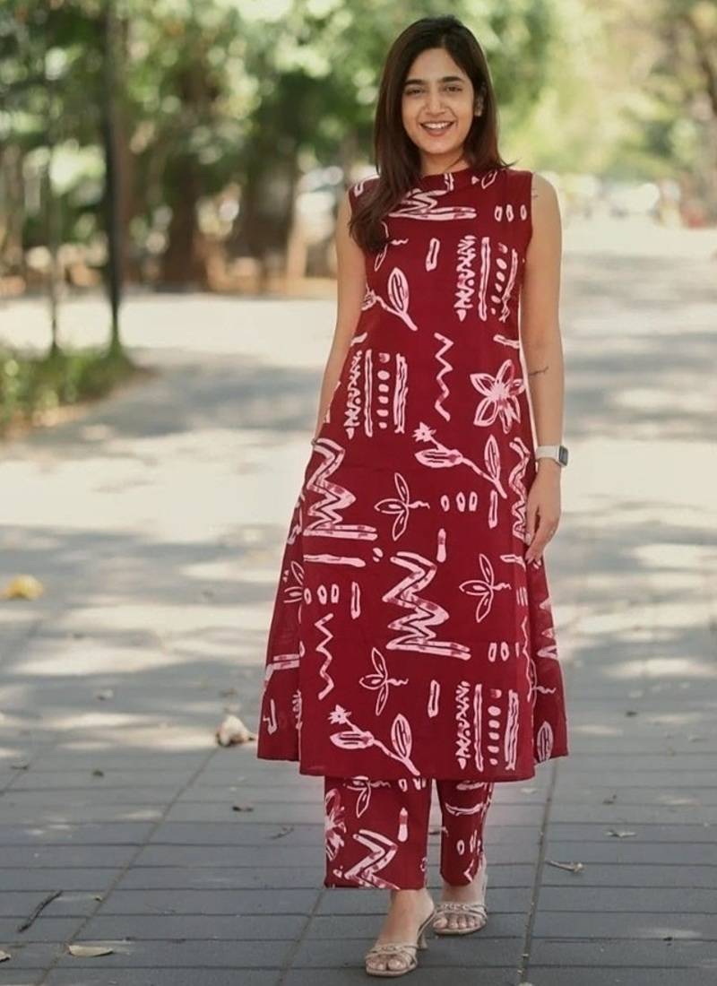  maroon abstract printed sleeveless cotton kurta & wide-leg pant co-ord set