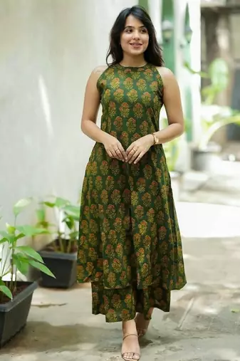  dark green block printed sleeveless cotton a-line kurta set