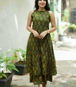  dark green block printed sleeveless cotton a-line kurta set