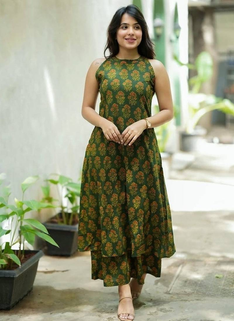  dark green block printed sleeveless cotton a-line kurta set
