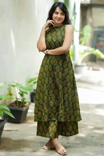  dark green block printed sleeveless cotton a-line kurta set