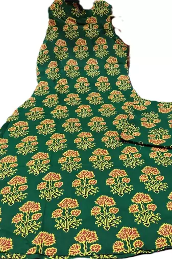  dark green block printed sleeveless cotton a-line kurta set