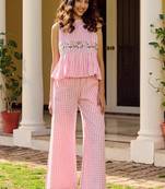  pink checked cotton sleeveless peplum top & trouser co-ord set