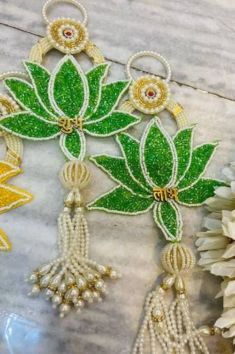 Handmade Multicolour Lotus Shubh Labh Gota Patch Hanging for Home Decor Hanging (Pack of 2)