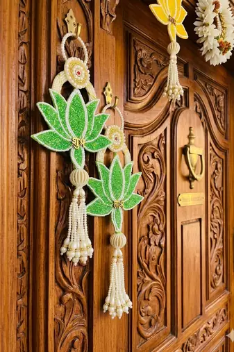 Handmade Multicolour Lotus Shubh Labh Gota Patch Hanging for Home Decor Hanging (Pack of 2)