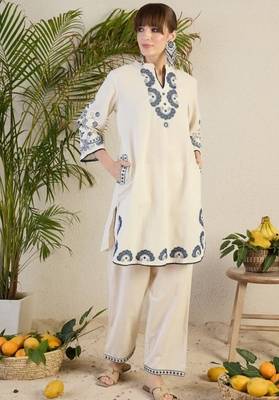  off-white and indigo blue applique work pure cotton straight co-ord tunics set 1