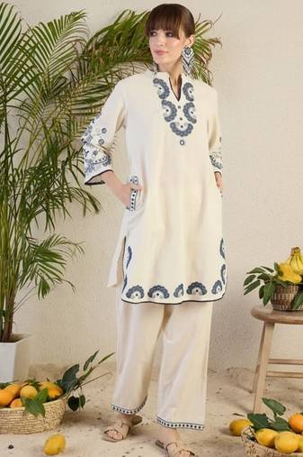  off-white and indigo blue applique work pure cotton straight co-ord tunics set