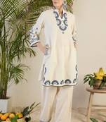  off-white and indigo blue applique work pure cotton straight co-ord tunics set
