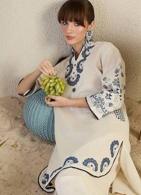  off-white and indigo blue applique work pure cotton straight co-ord tunics set 2