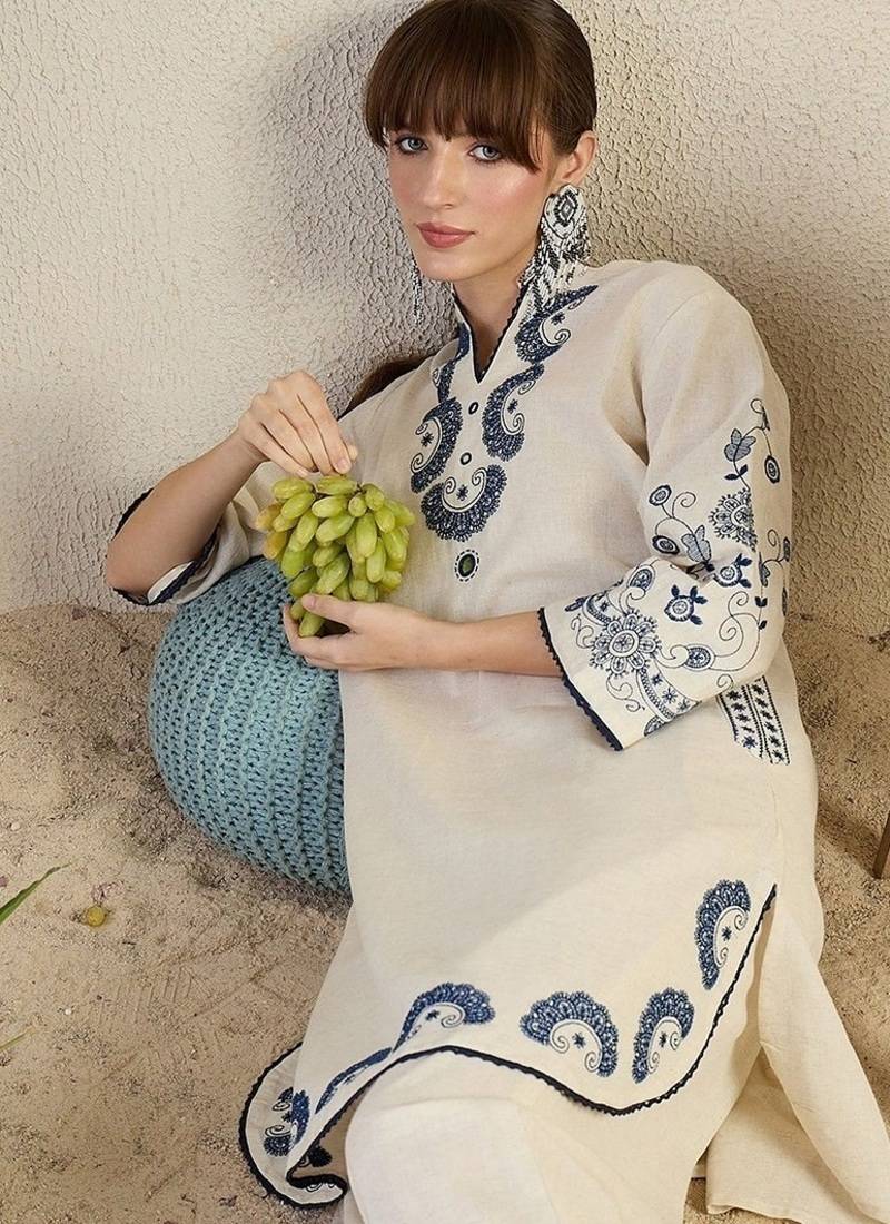  off-white and indigo blue applique work pure cotton straight co-ord tunics set