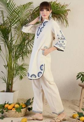  off-white and indigo blue applique work pure cotton straight co-ord tunics set 3
