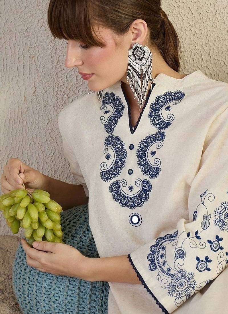  off-white and indigo blue applique work pure cotton straight co-ord tunics set